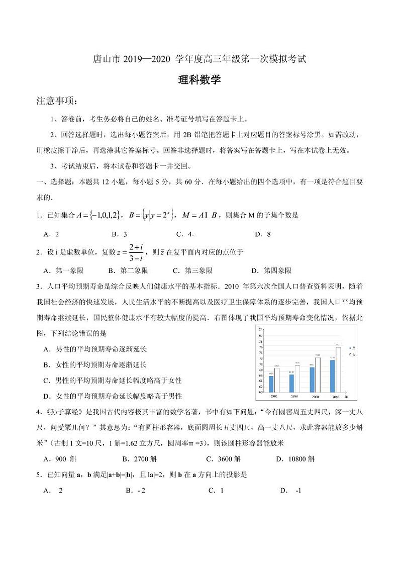 2020届河北省唐山市高三下学期第一次模拟考试数学（理）试题（PDF版）01