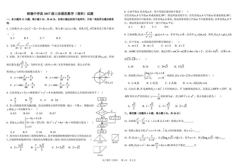 2020届四川省成都树德中学高三三诊模拟考试  数学（理） PDF版练习题第1页
