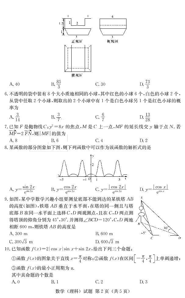 2020届河北省石家庄市高三下学期3月教学质量检测模拟考试数学（理）试题 PDF版第2页