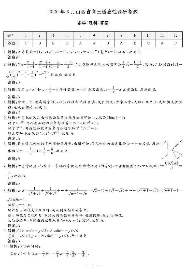 山西省2020年3月高三适应性调研考试（二模）数学理科试题（B卷）（PDF版）01