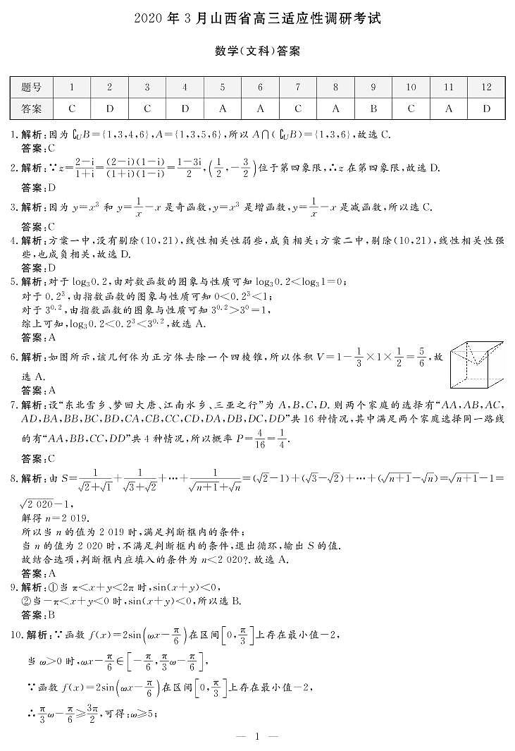 山西省2020年3月高三适应性调研考试（二模）数学文科试题（A卷）（PDF版）01