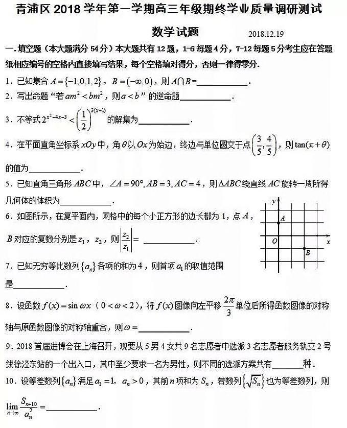 2019届上海市青浦区高三上学期期末学业质量调研（一模）数学试题 PDF版01