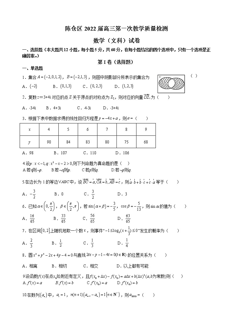 2022届陕西省宝鸡市陈仓区高三第一次教学质量检测数学（文）试题含答案01