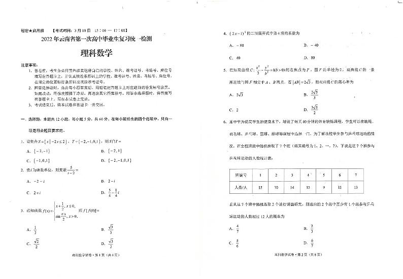 2022省一统理数试卷第1页