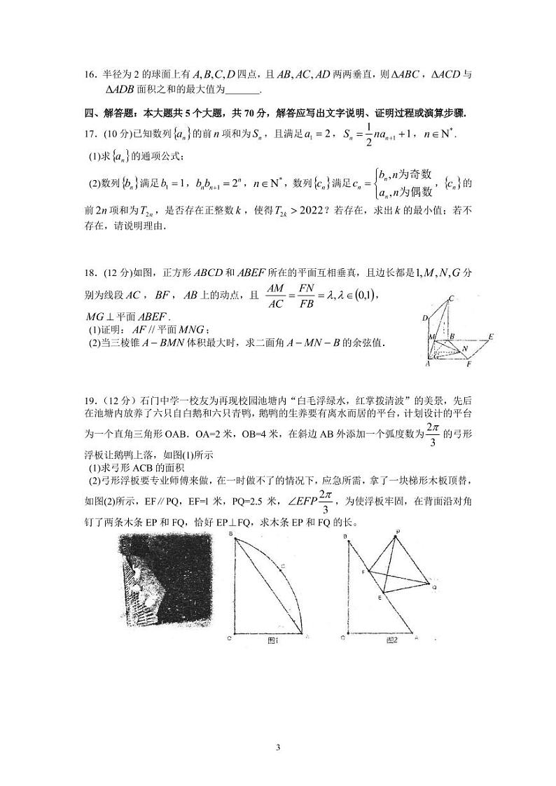 广东省名校2022届高三下学期开学测试数学试卷第3页