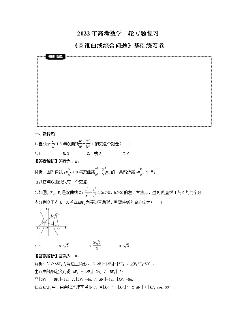 2022年高考数学二轮专题复习《圆锥曲线综合问题》基础练习卷(教师版)第1页