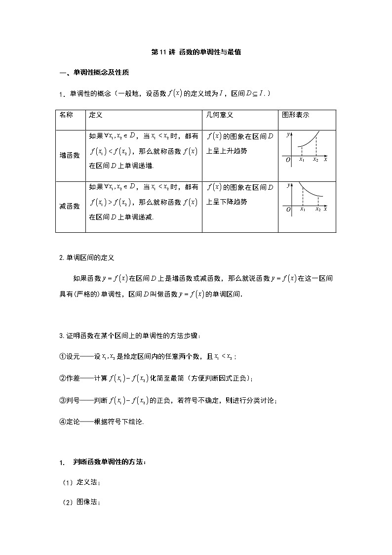 第11讲 函数的单调性与最值-【新教材】2022新高一同步（初升高）衔接讲义（原卷+解析）01