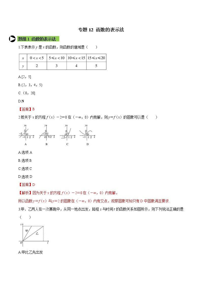 专题12 函数的表示法-2021-2022学年高一数学培优对点题组专题突破（人教A版2019必修第一册）01