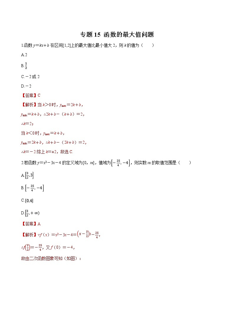 专题15 函数的最大值-2021-2022学年高一数学培优对点题组专题突破（人教A版2019必修第一册）01