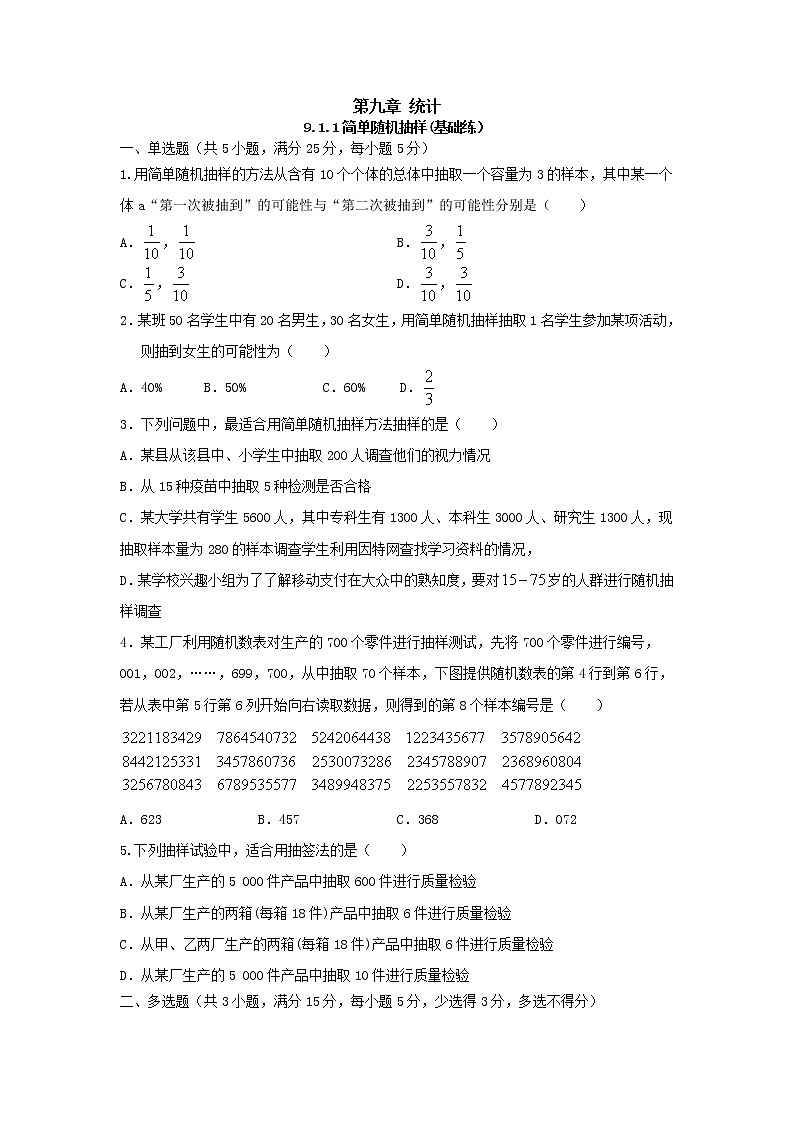 9.1.1简单随机抽样（基础练）-2020-2021学年下学期高一数学同步课堂（人教A版2019必修第二册）原卷版第1页