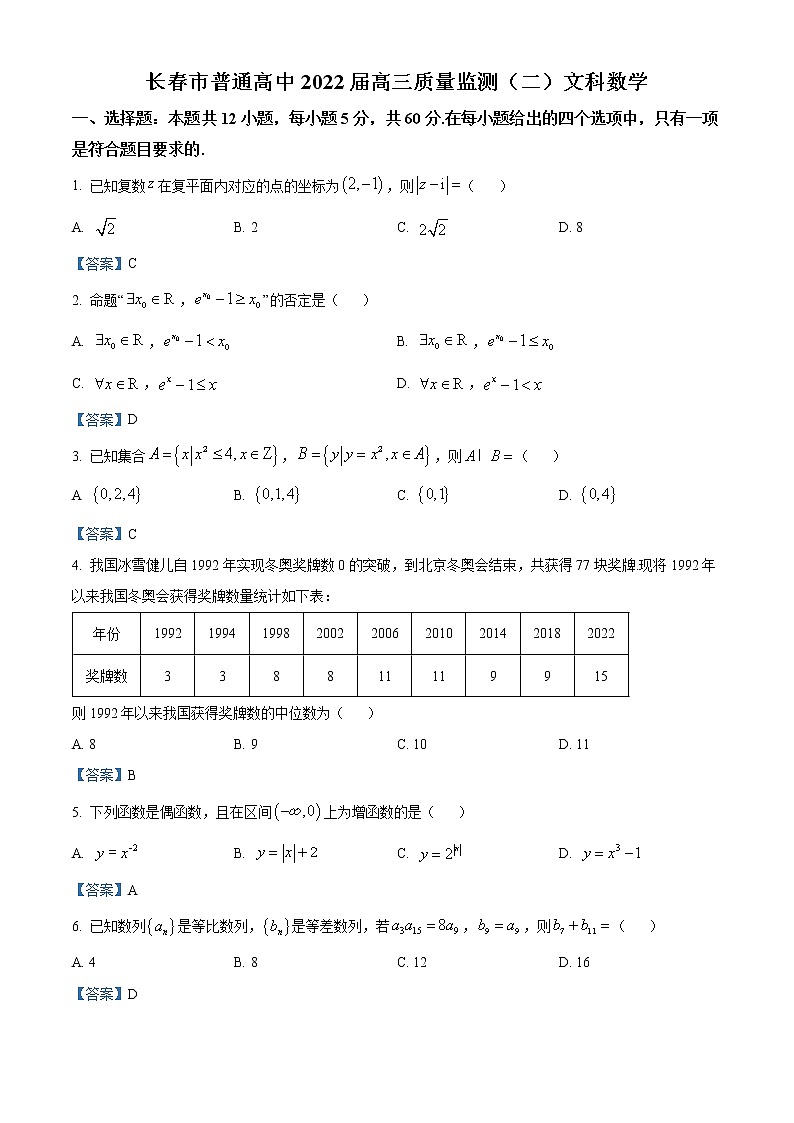 吉林省长春市普通高中2022届高三质量监测（二）文科数学试题第1页