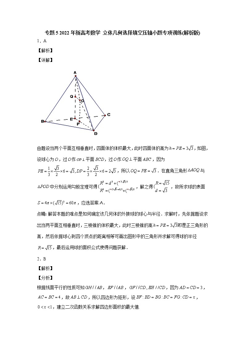 专题5  2022年新高考数学     立体几何选择填空压轴小题专项训练(解析版)01