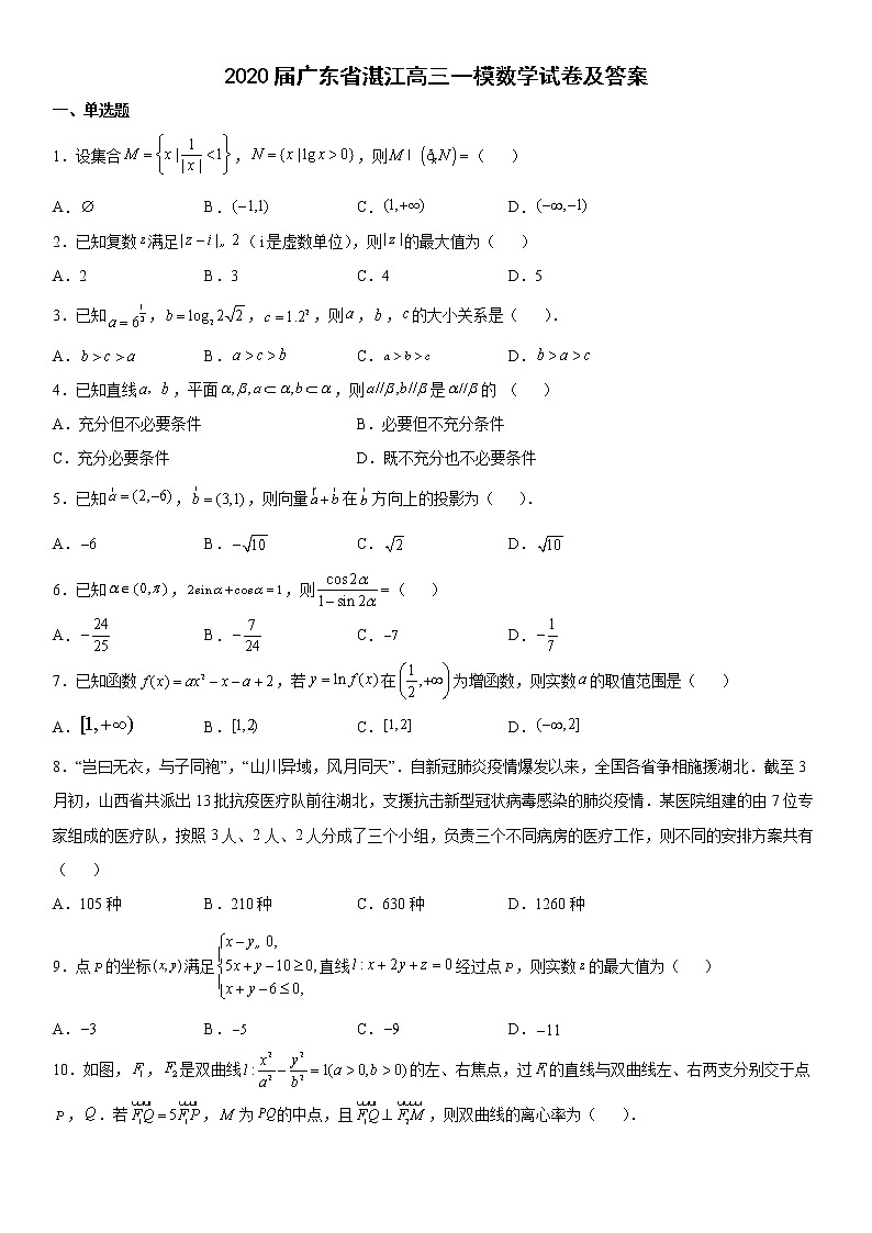 2020届广东省湛江高三一模数学试卷及答案第1页