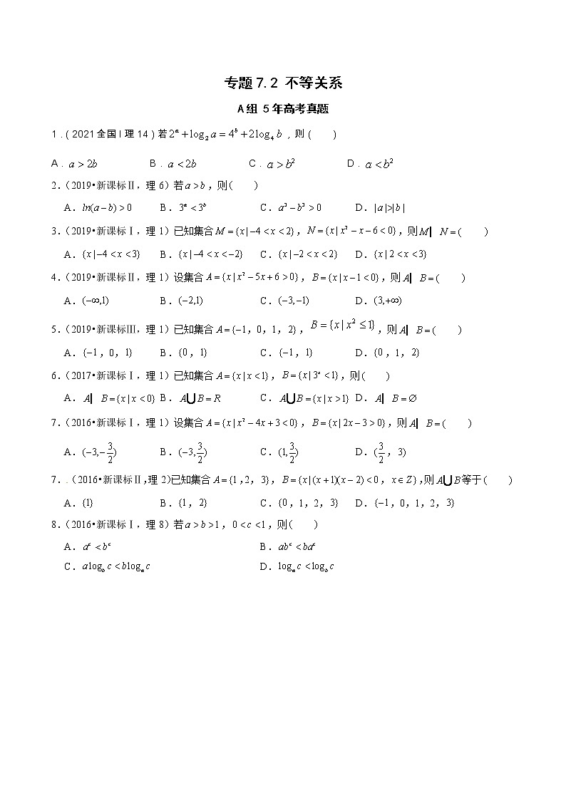 专题7.2  不等关系（全国卷理科数学专用）-高考数学满分突破之5年全国卷高考真题（2016-2021）与优质模拟题（理科）（原卷版）第1页