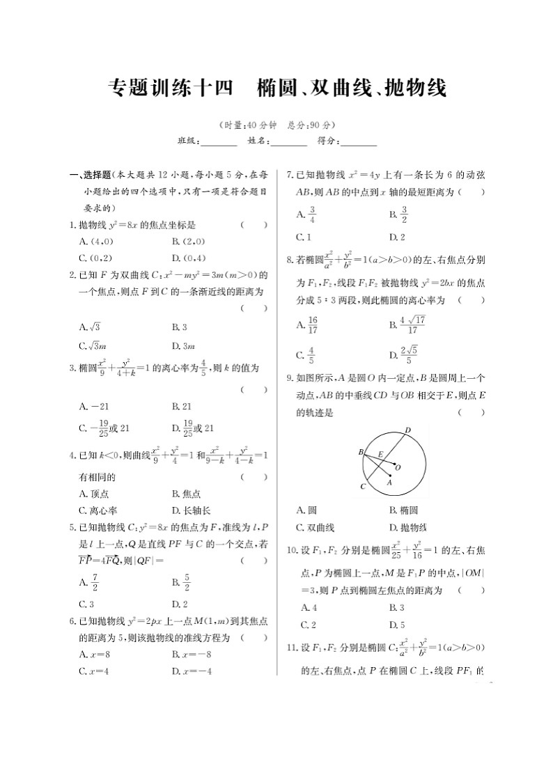 高考数学(理数)二轮专题课时练习14《椭圆、双曲线、抛物线》（含解析）01