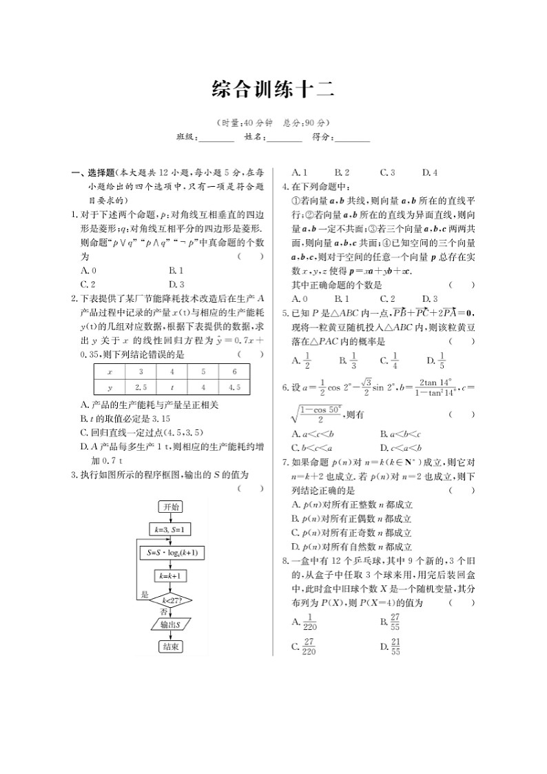 高考数学(理数)二轮专题课时练习38综合训练十二（含解析）第1页