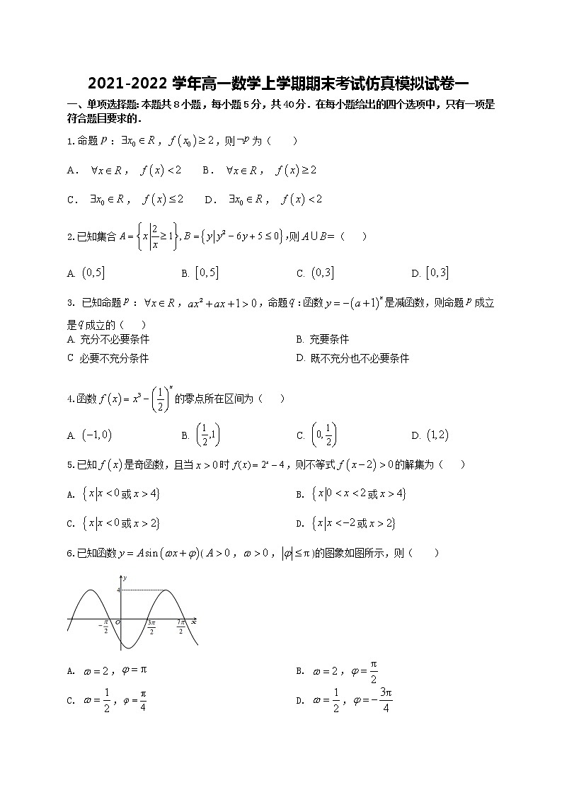 2021-2022学年高一数学上学期期末考试仿真模拟试卷一（全国通用）原卷版第1页