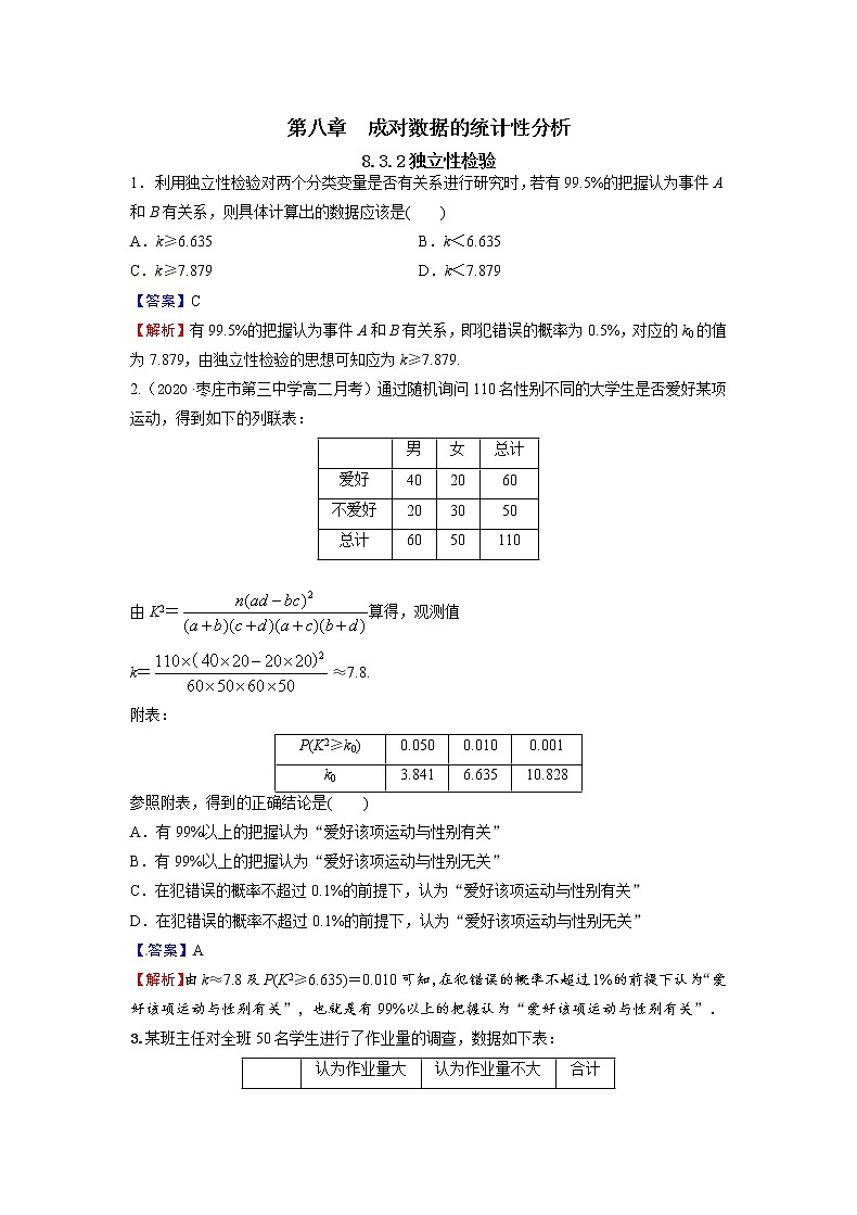 8.3.2 独立性检验-新教材2021-2022学年高二数学人教A选择性必修第三册同步课时训练必刷题第1页