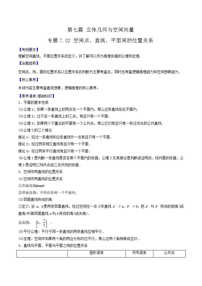 专题7.2 空间点、直线、平面间的位置关系（原卷版）第1页