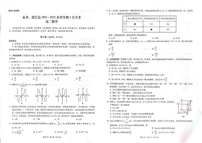 云南省昭通市永善、绥江县2021-2022学年高二3月月考数学试题第1页