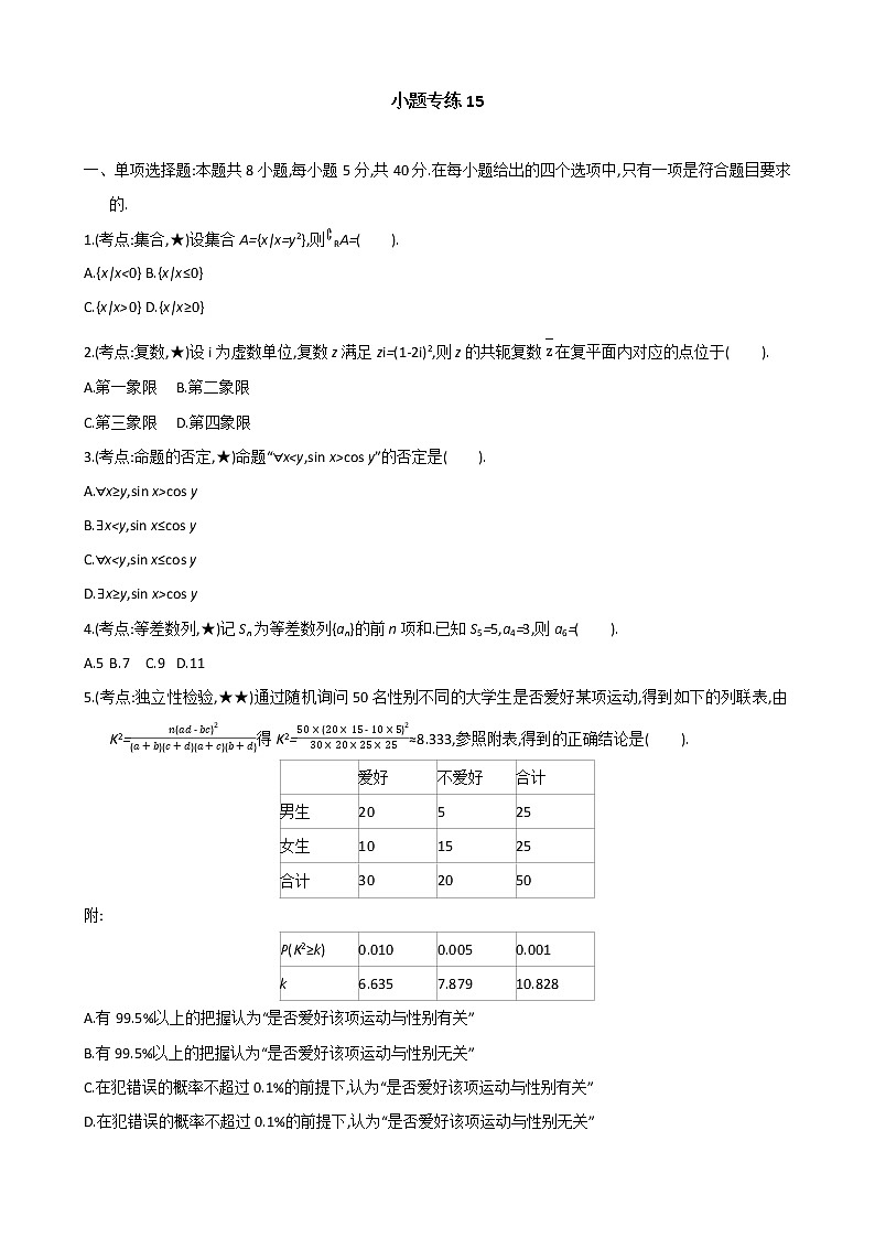 小题专练15-2022届高考数学二轮复习新高考版（含解析）第1页