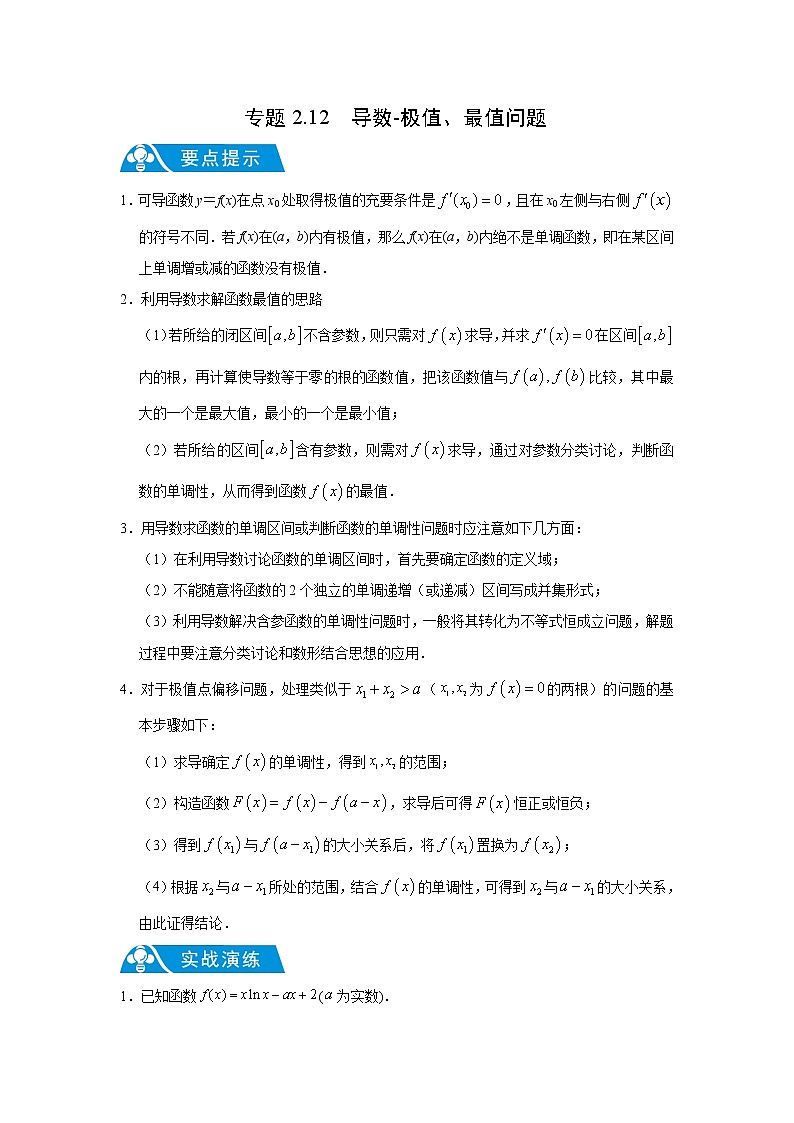 专题2.12 导数-极值、最值问题-2022年高考数学解答题挑战满分专项训练（新高考地区专用）01