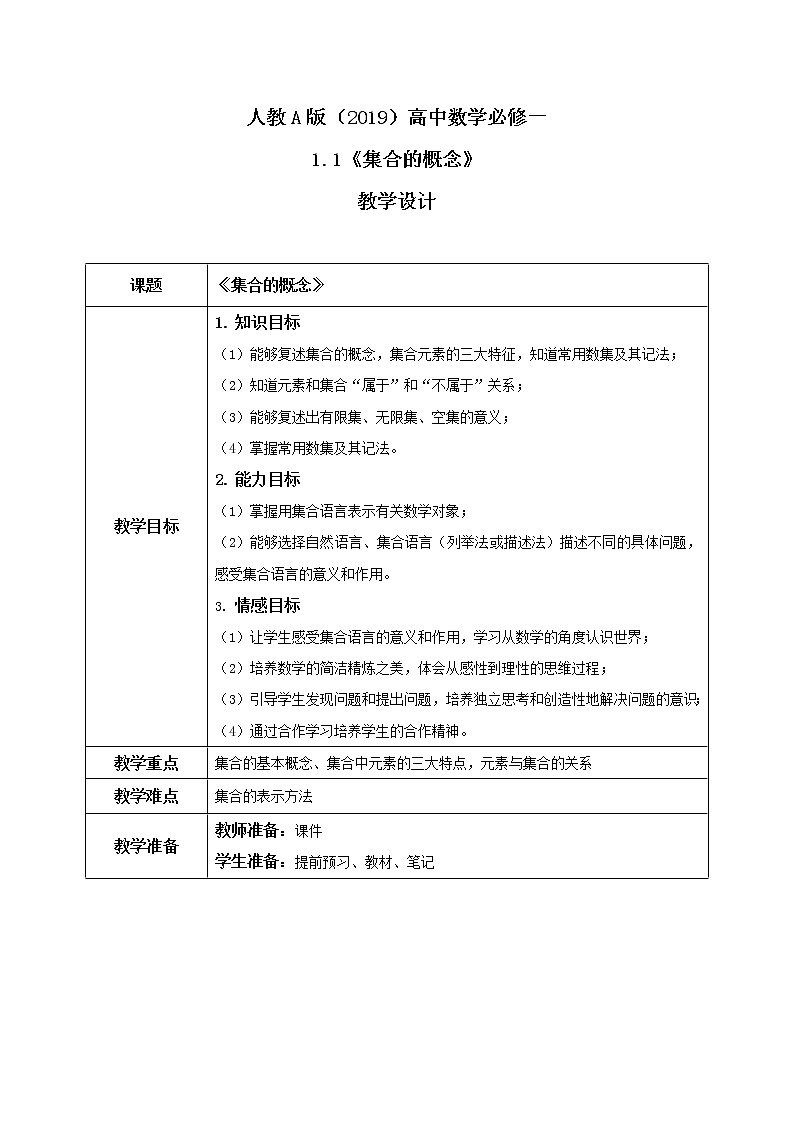 人教A版高中数学必修一1.1《集合的概念》课件+教案+练习01