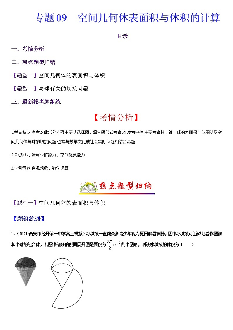 (新高考专用)高考数学二轮热点题型归纳与变式演练 专题09 空间几何体表面积与体积的计算（解析+原卷）学案01
