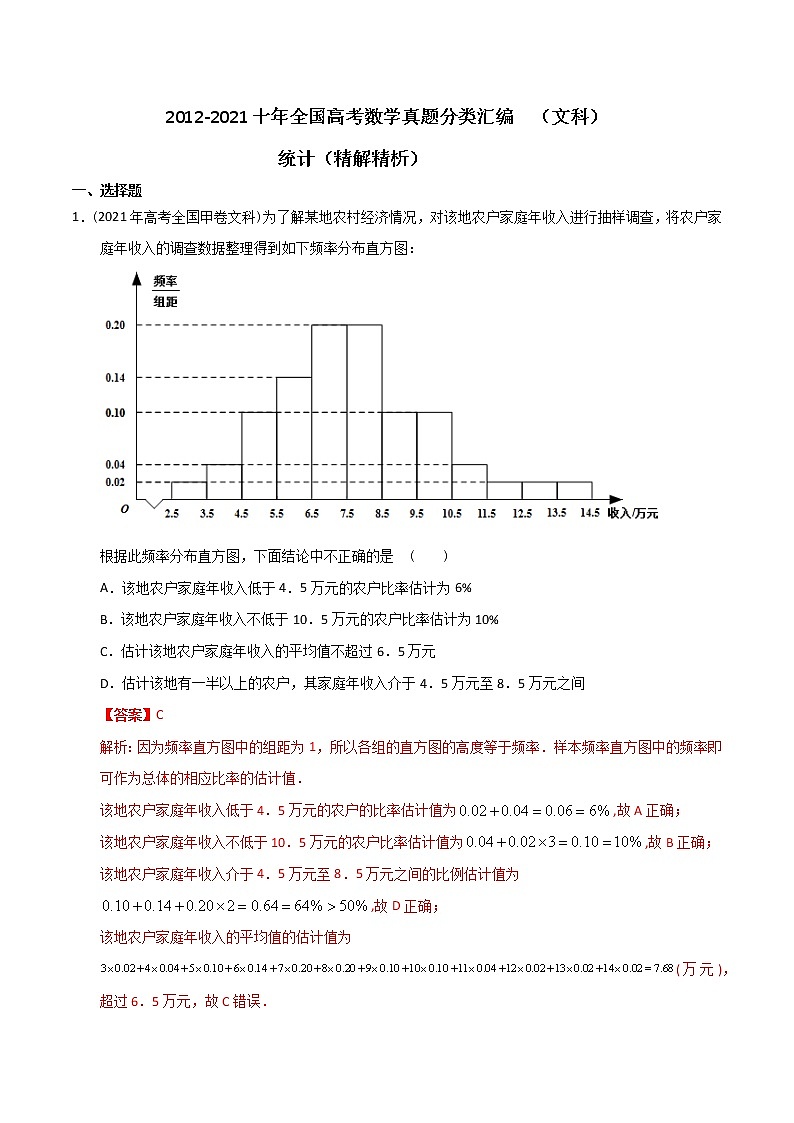 【2022高考必备】2012-2021十年全国高考数学真题分类汇编（文科） 统计（精解精析）第1页