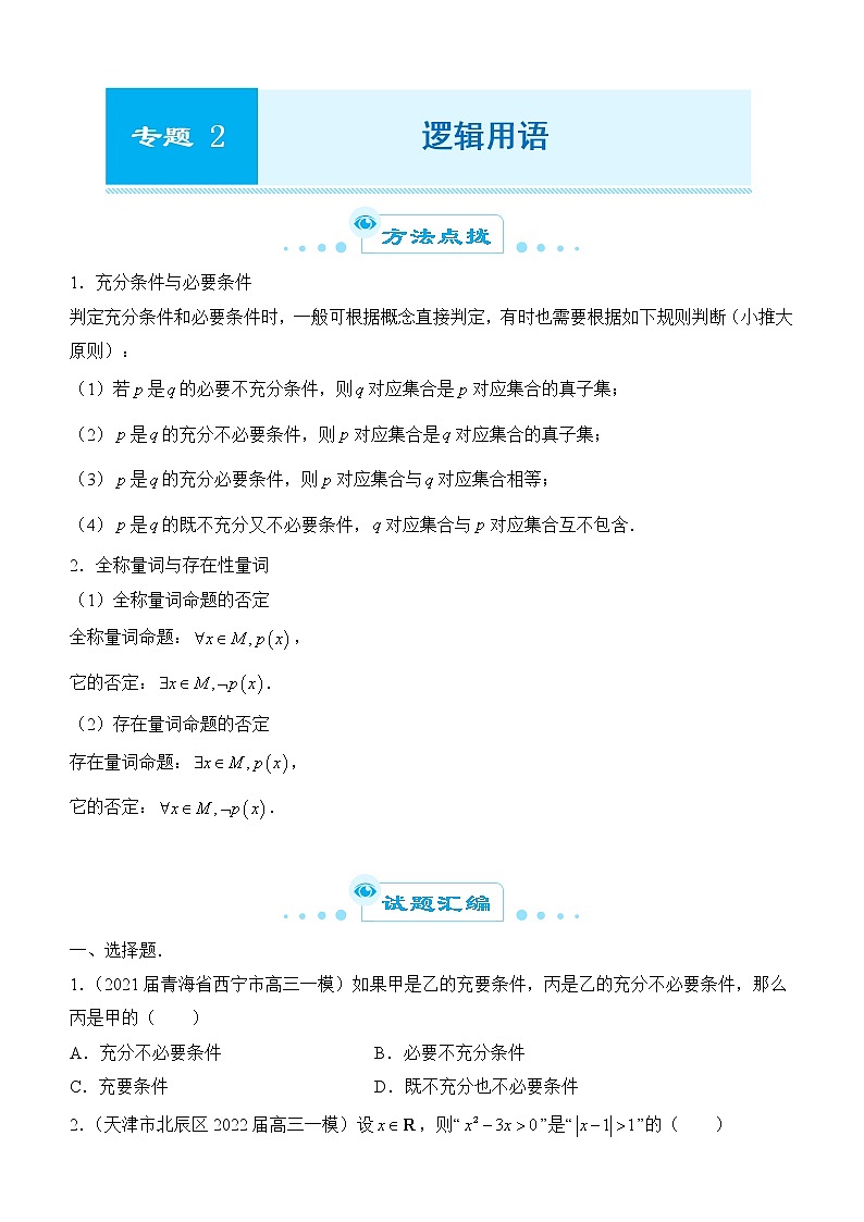 2022届优质校一模试卷专题汇编2 逻辑用语 解析版第1页