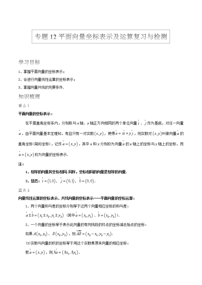 2022届高考数学沪教版一轮复习-讲义专题12平面向量坐标表示及运算复习与检测第1页