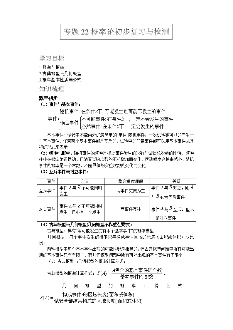 2022届高考数学沪教版一轮复习-讲义专题22概率论初步复习与检测第1页