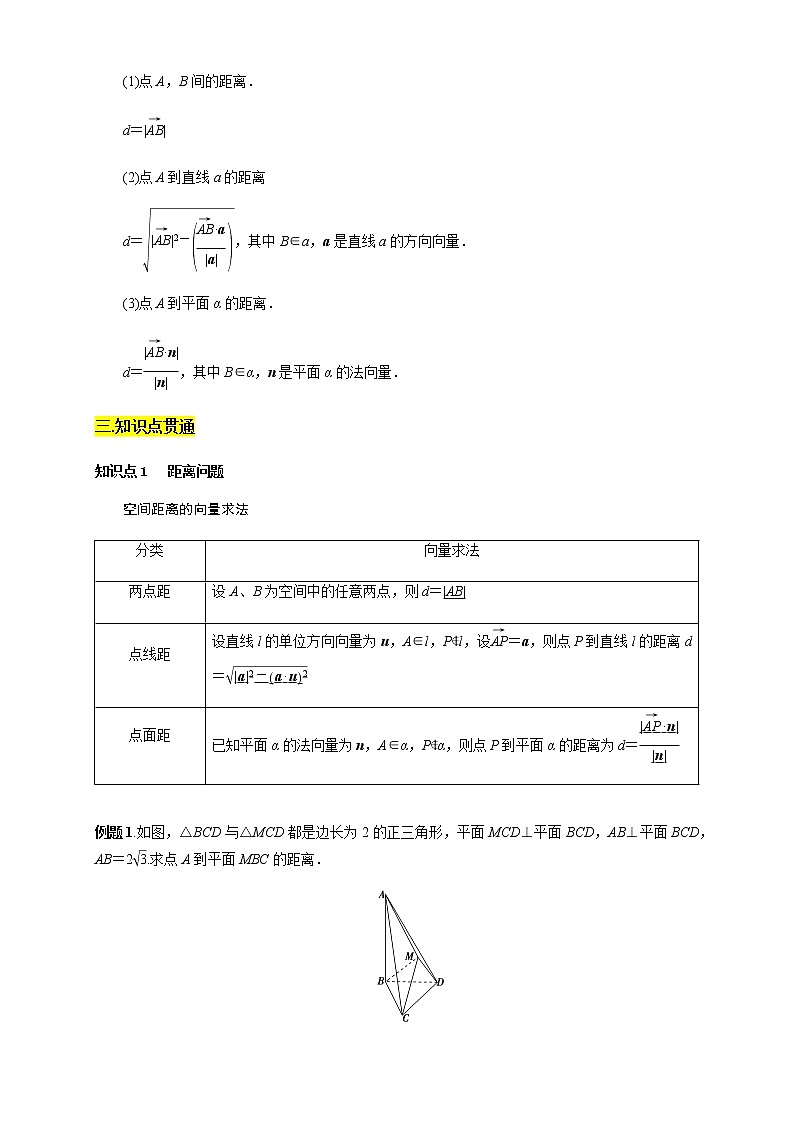 专题05   用空间向量研究距离、夹角问题  知识精讲-【新教材精创】2020-2021学年高二数学新教材知识讲学（人教A版选择性必修第一册）学案02