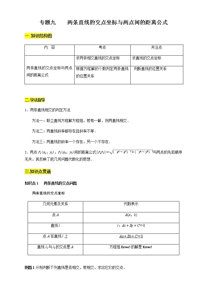专题09    两条直线的交点坐标与两点间的距离公式  知识精讲 （解析版）第1页