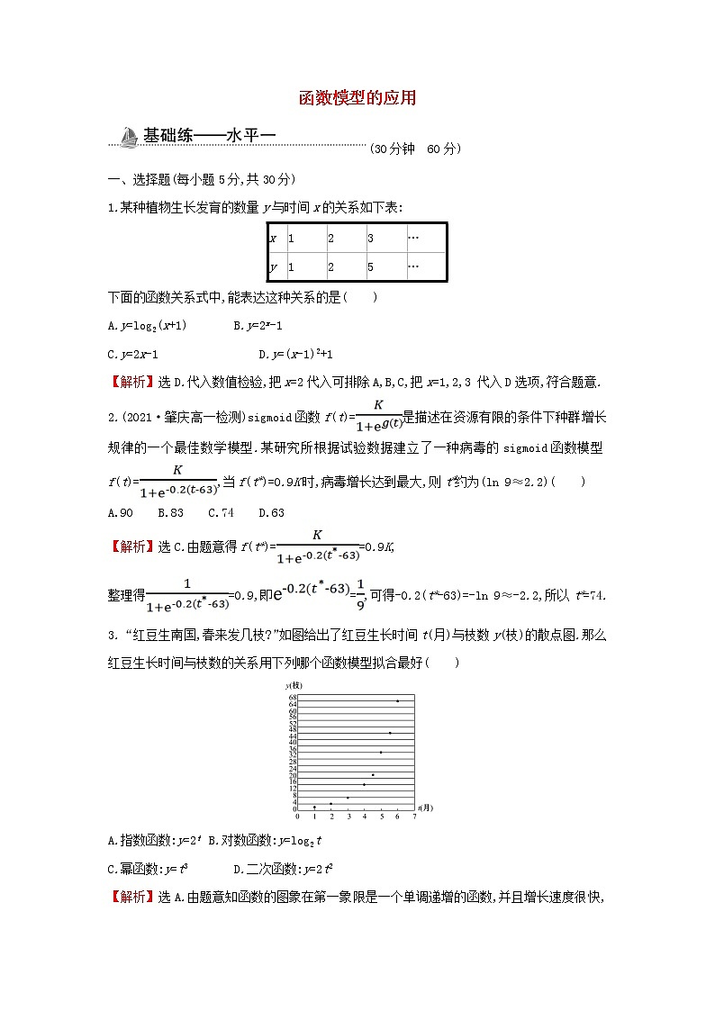 2021_2022学年新教材高中数学基础练38函数模型的应用含解析新人教A版必修第一册第1页