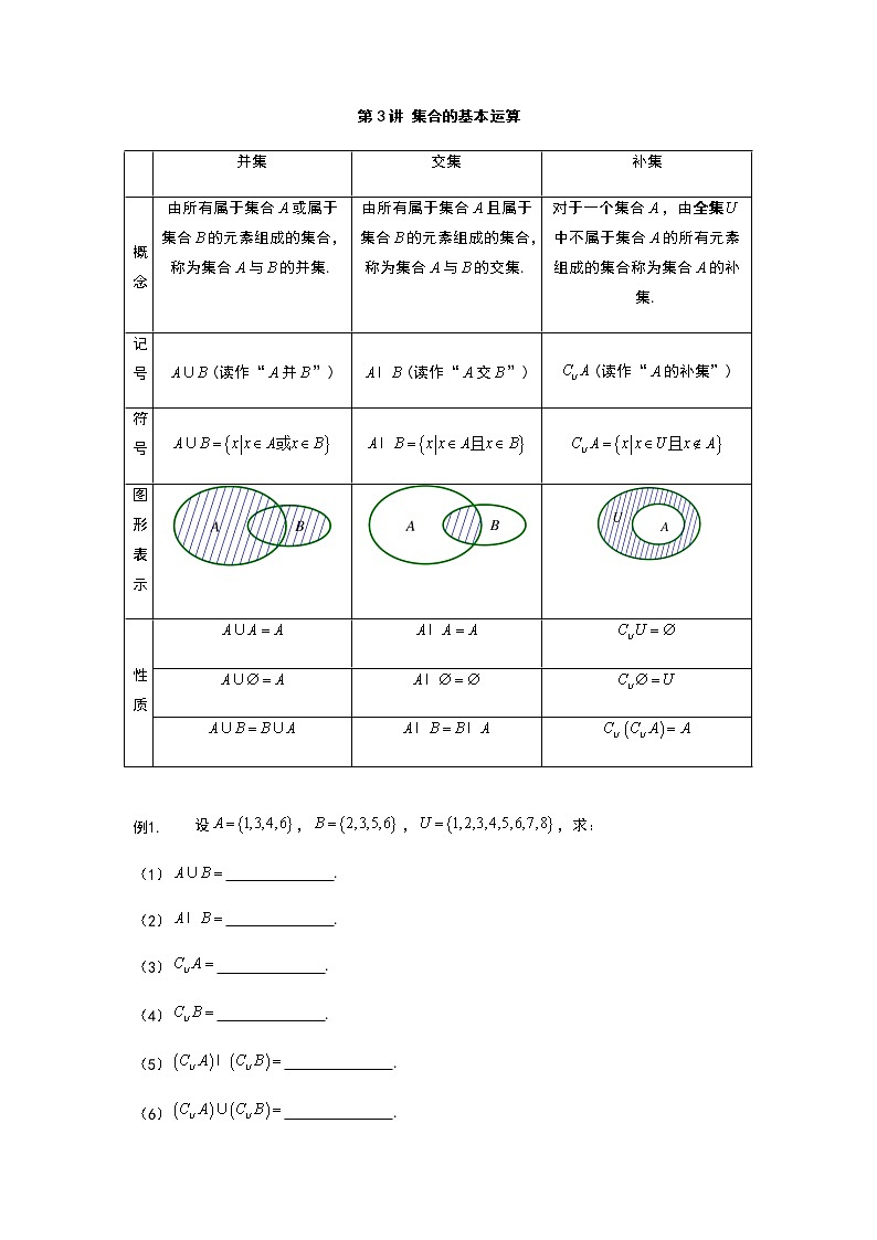 2020年初升高数学衔接课程 第3讲 集合的基本运算（教师版含解析）练习题第1页