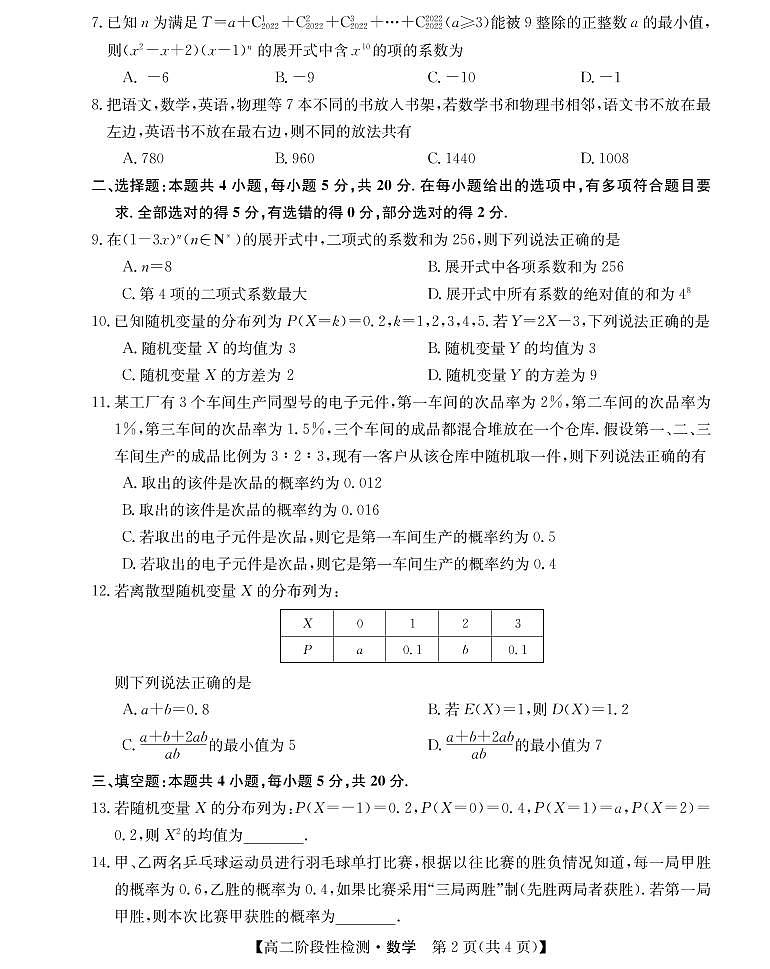 2021-2022学年山西省运城市高二3月阶段性检测数学试题PDF版含答案第2页