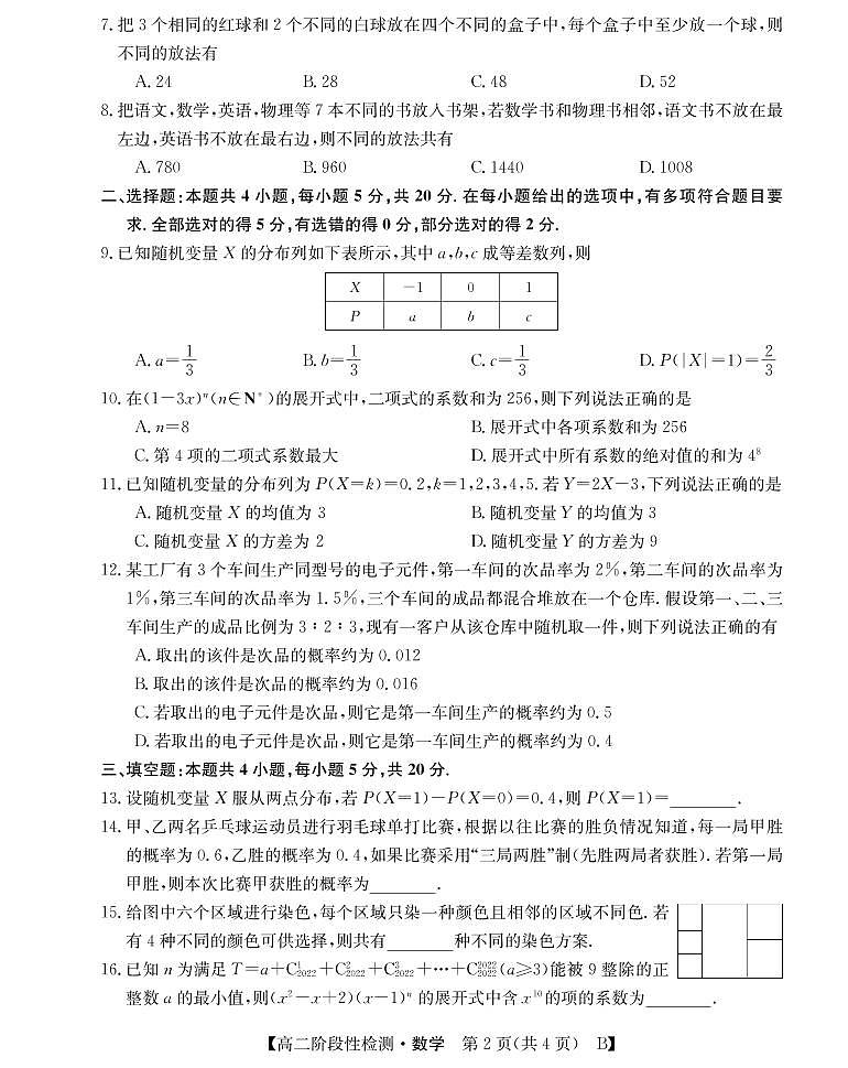 2021-2022学年山西省运城市高二3月阶段性检测数学（B）试题PDF版含答案第2页