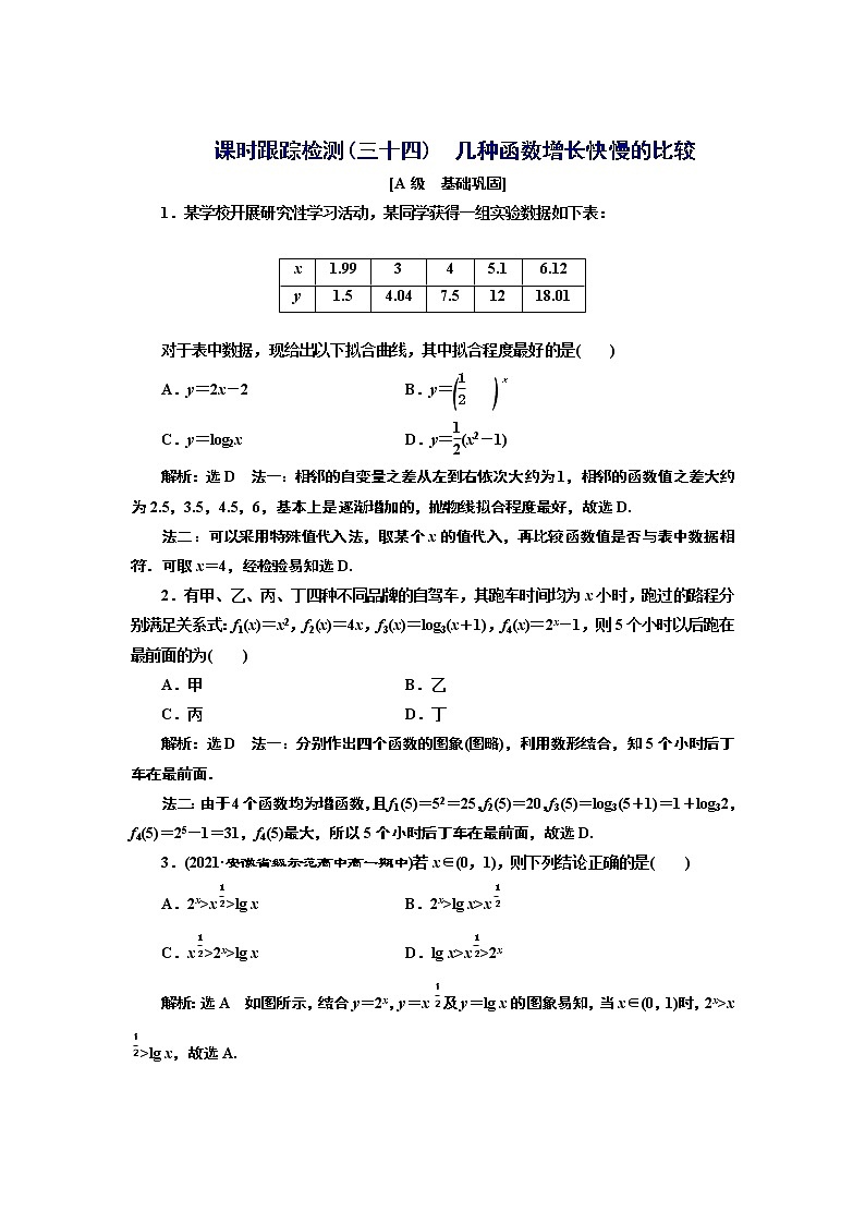 湘教版必修 第一册 4.5.1　几种函数增长快慢的比较+Word版含解析练习题01