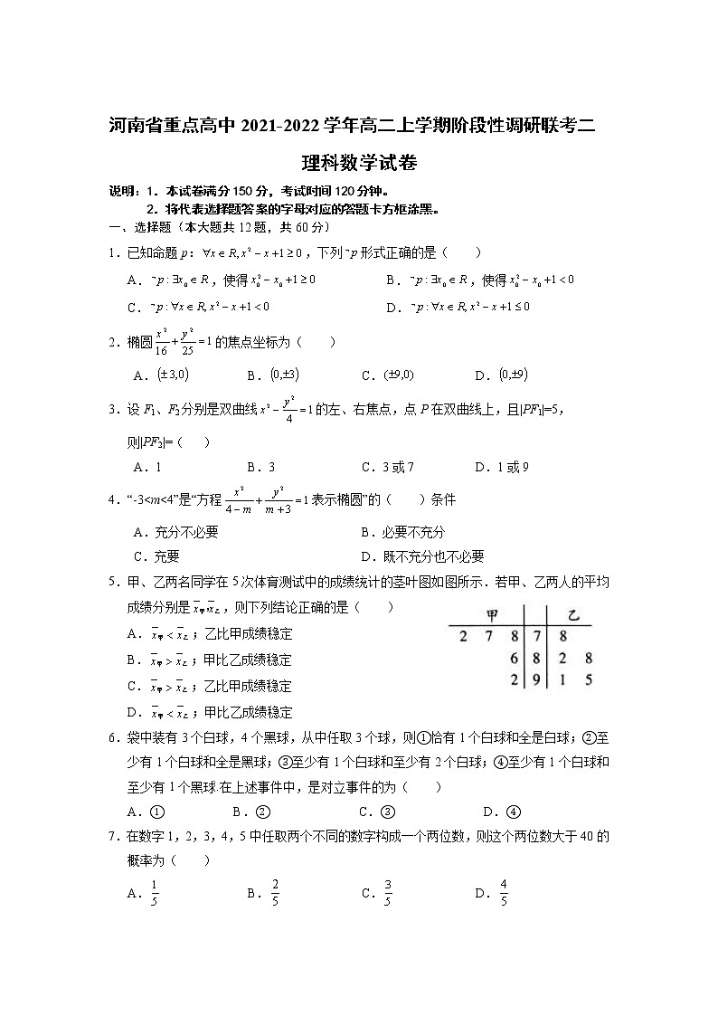 2021-2022学年河南省重点高中高二上学期阶段性调研联考（二）数学（理）试卷含答案01