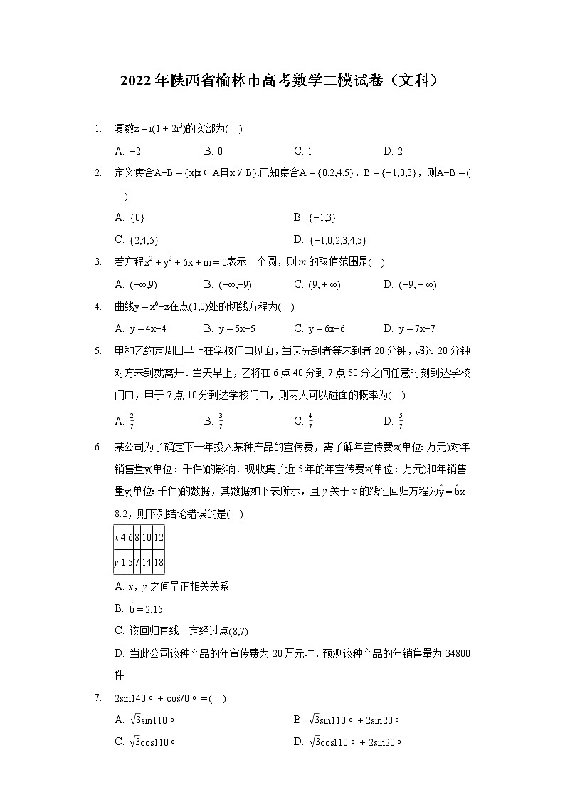 2022年陕西省榆林市高考数学二模试卷（文科）01
