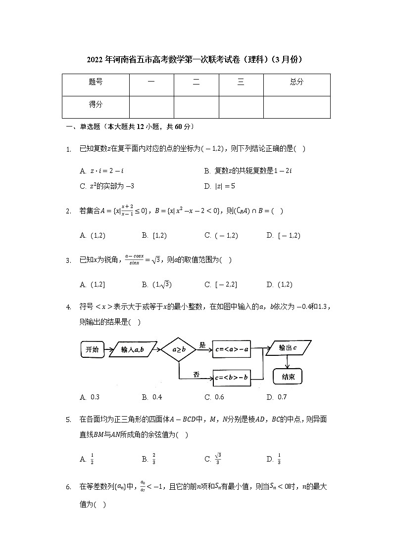 河南省五市2022届高三第一次联考数学（理）试卷第1页