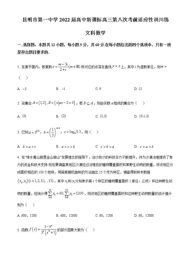 云南省昆明市第一中学2022届高三第八次考前适应性训练数学（文）试题（原卷版）第1页