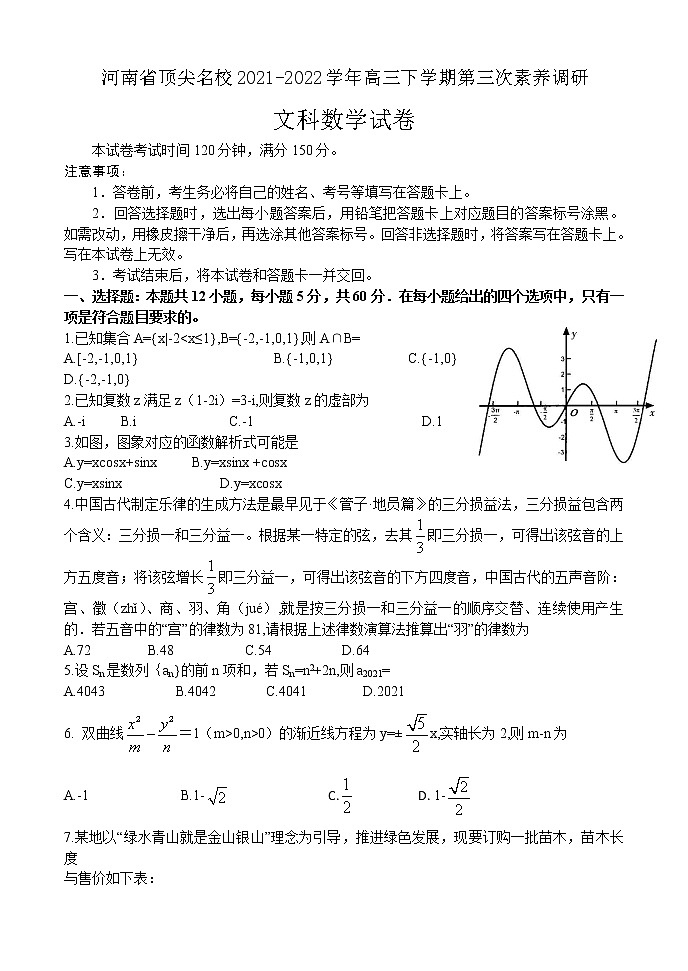 2022河南省顶尖名校高三下学期第三次素养调研文科数学试卷（含答案）01