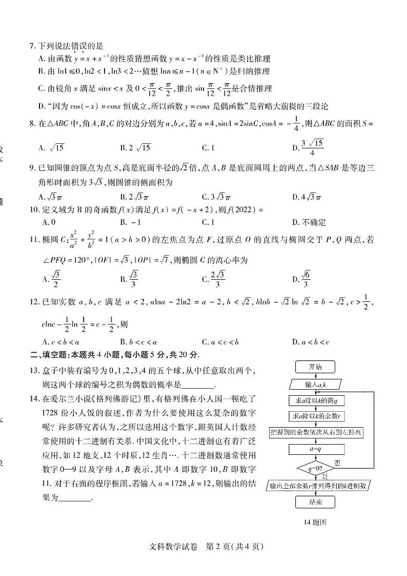 2022年东北三省三校联考二模文科数学第2页