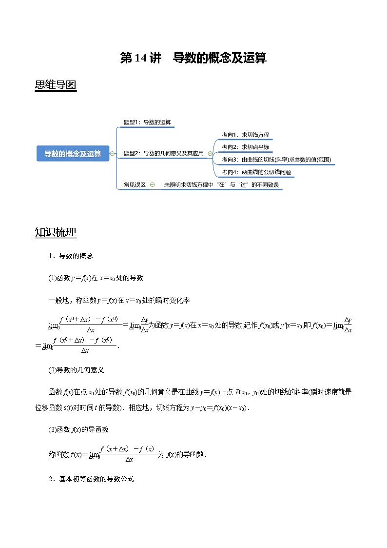 第14讲 导数的概念及运算   2021-2022年新高考数学一轮复习考点归纳 （学生版+教师版） 试卷01