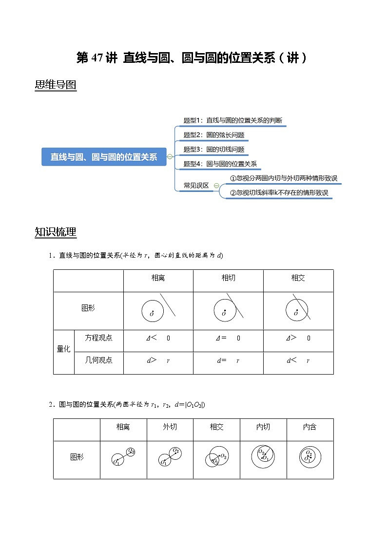 第47讲 直线与圆、圆与圆的位置关系（讲）   2021-2022年新高考数学一轮复习考点归纳 （学生版+教师版） 试卷01
