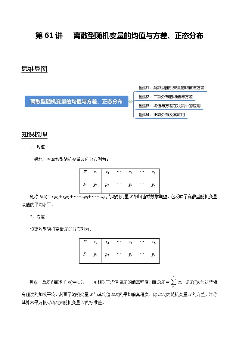 第61讲 离散型随机变量的均值与方差、正态分布（讲）（教师版）第1页