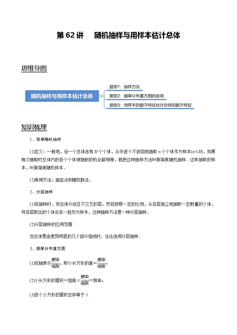 第62讲 随机抽样与用样本估计总体（讲）   2021-2022年新高考数学一轮复习考点归纳 （学生版+教师版） 试卷01