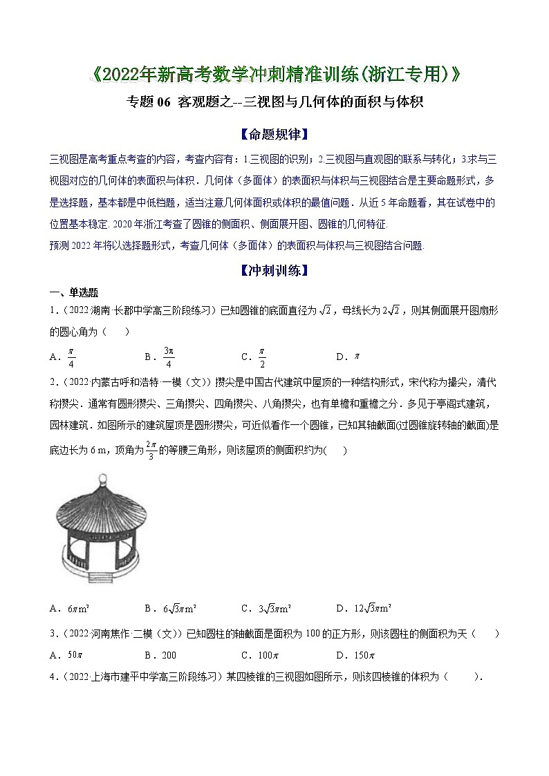 专题06 客观题之--三视图与几何体的面积、体积--《2022年新高考数学冲刺精准训练（浙江专用）》【原卷版】第1页